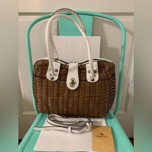 Patricia Nash Lucena Brown White Rattan Wicker Bag Leather Trim Crossbody Strap